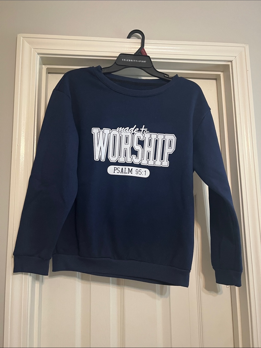 SHEIN Navy 'Made to Worship' Crewneck Sweatshirt